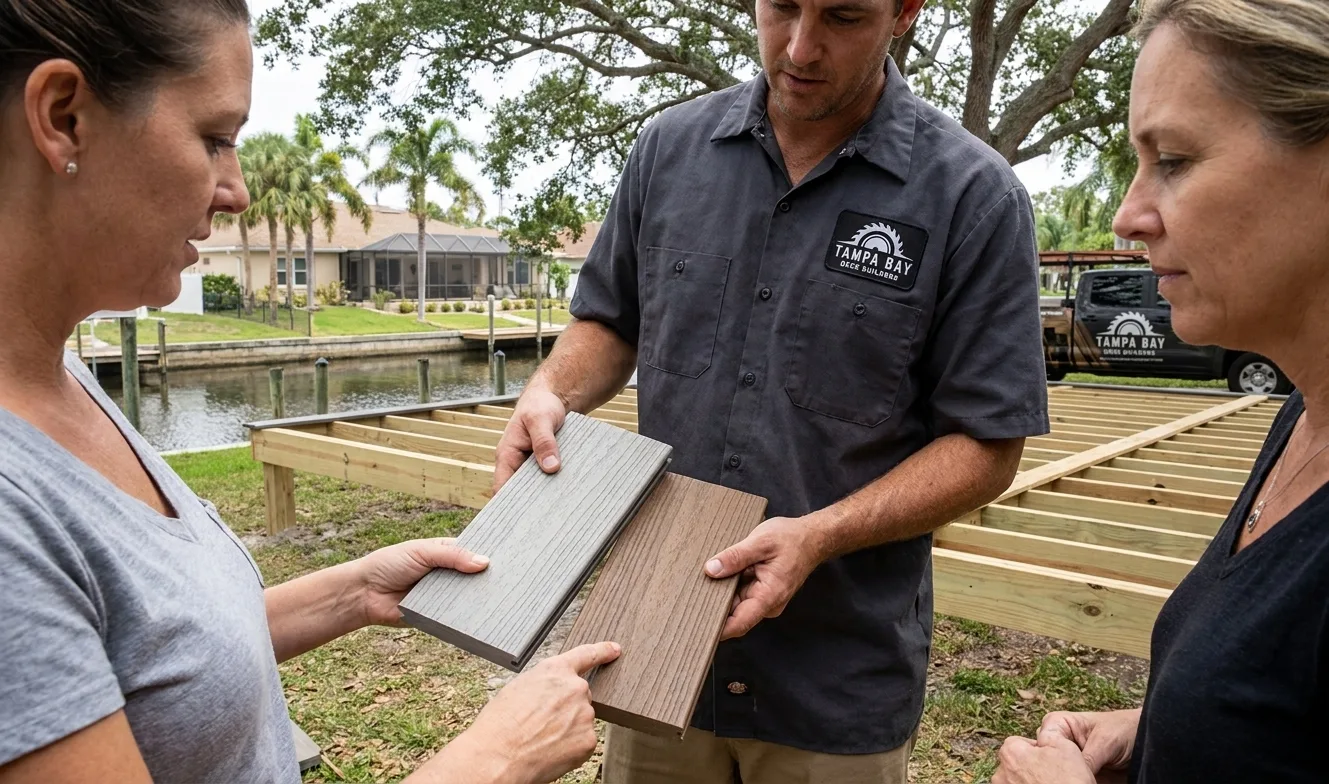 Tampa Bay Deck Builders contractor showing composite decking samples