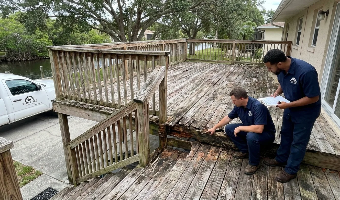 Old weathered wood deck in Tampa in need of repair, staining and sealing